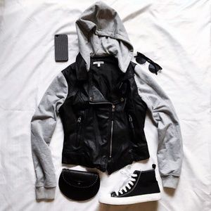 Faux Leather Combo Jersey Sweater Hoodie Jacket